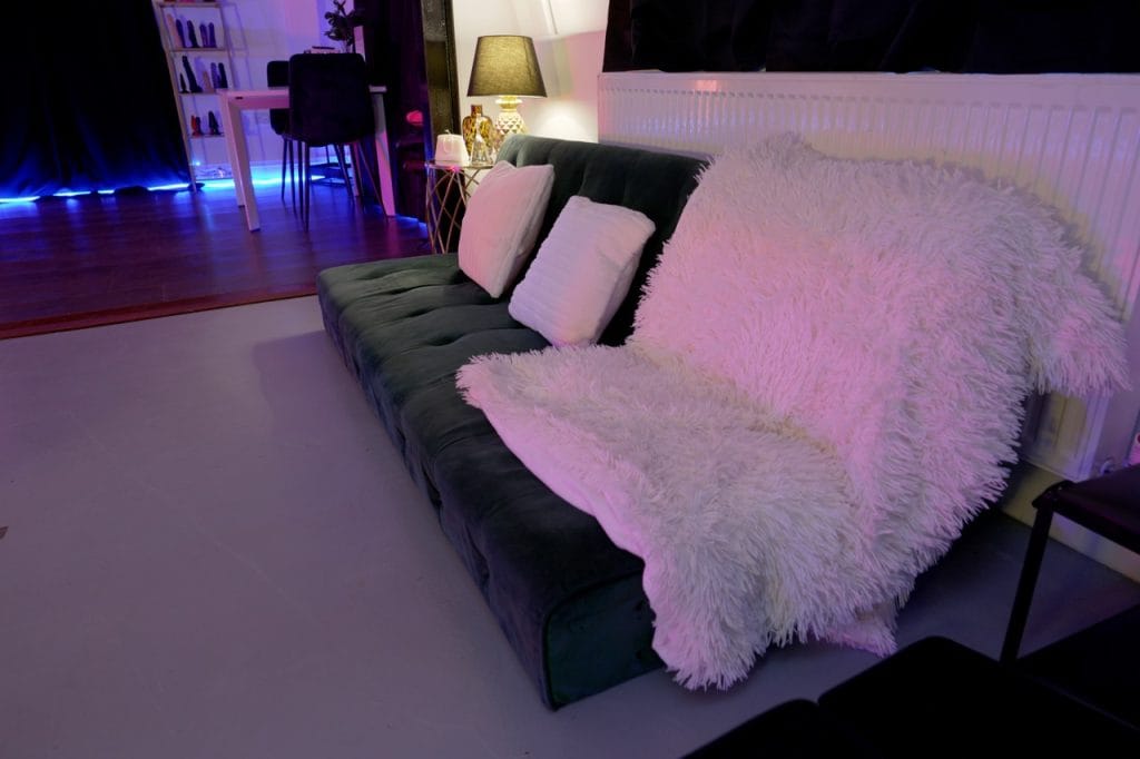 Velvet sofa with white cushions and a faux-fur throw in the relaxation area