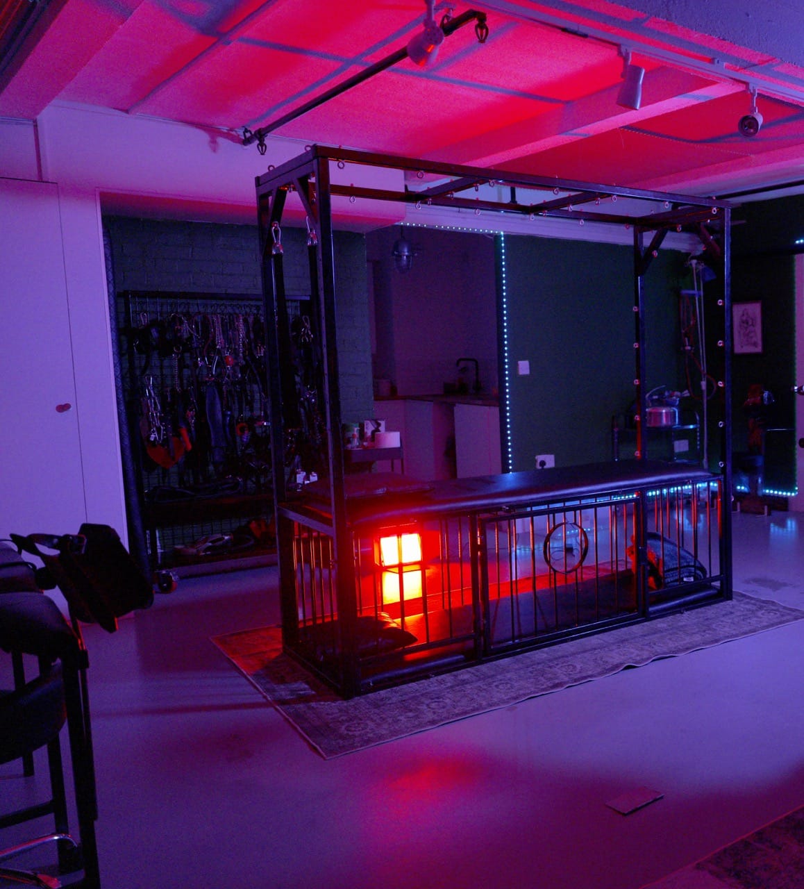 Bondage frame and cage in the main chamber of the Tower Bridge penthouse under red and purple light