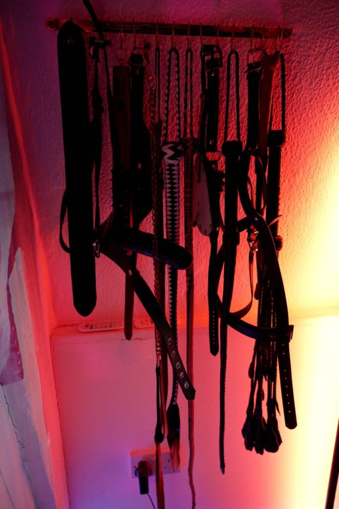 Rail of leather straps, paddles and a braided whip against a red-lit wall