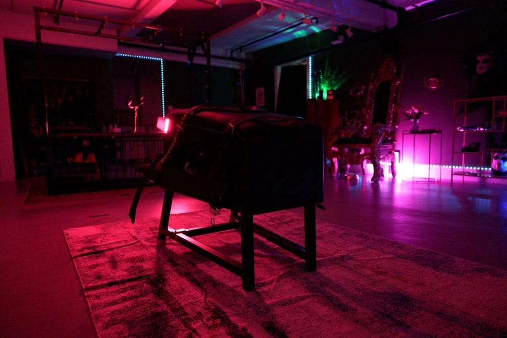 Open-plan dungeon chamber with a leather bench, gilded throne and coloured LED lighting