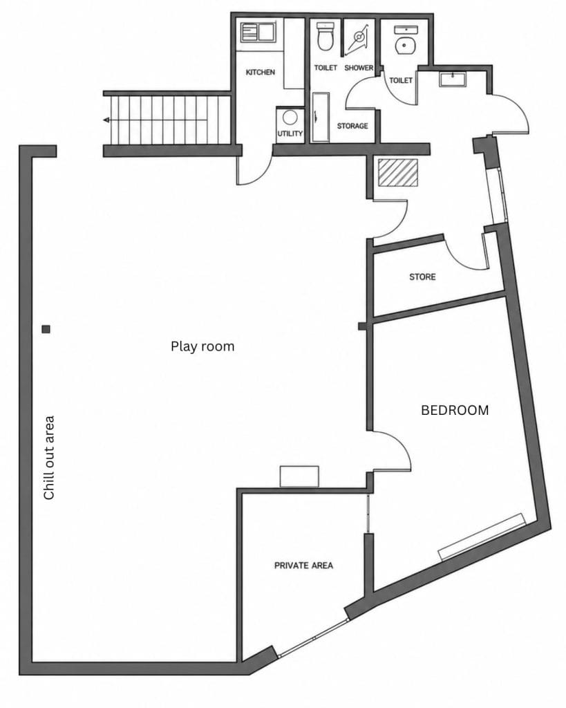 Floor plan of the penthouse showing the play room, chill-out area, bedroom, private area, kitchen, shower, two toilets and storage